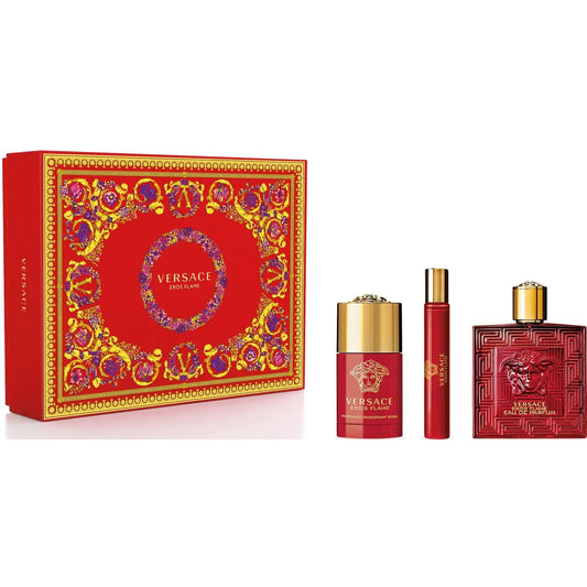 Versace Eros Flame 3 pc Set 3.4 oz EDP Spray 2.5 oz Deo 0.3 oz EDP Spray M