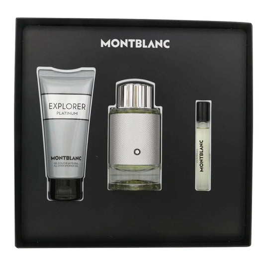 Explorer Platinum 3 pc Gift Set by Montblanc 3.3 oz EDP Spray, SG 3.3 oz, EDP 0.25 oz for Men