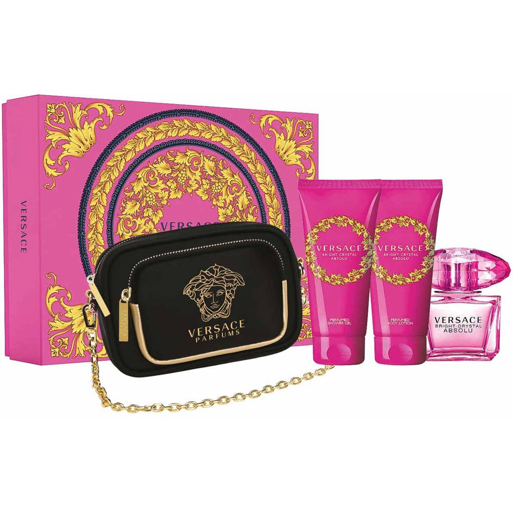 Versace Bright Crystal Absolu 4 pc Set Versace Clutch 3.0 oz EDP Spray 3.4 oz Body Lotion 3.4 oz Shower Gel W